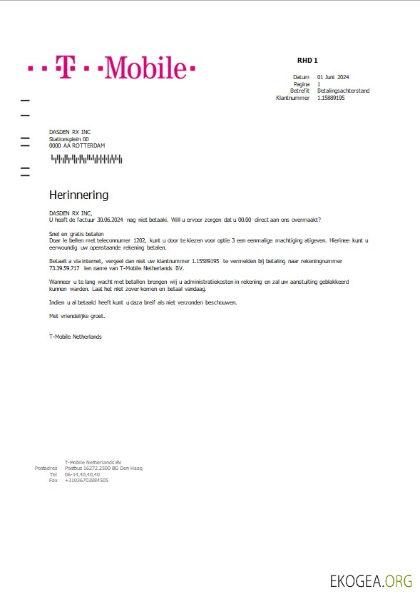 Modèle de facture de services publics T Mobile des Pays Bas aux formats Word et PDF